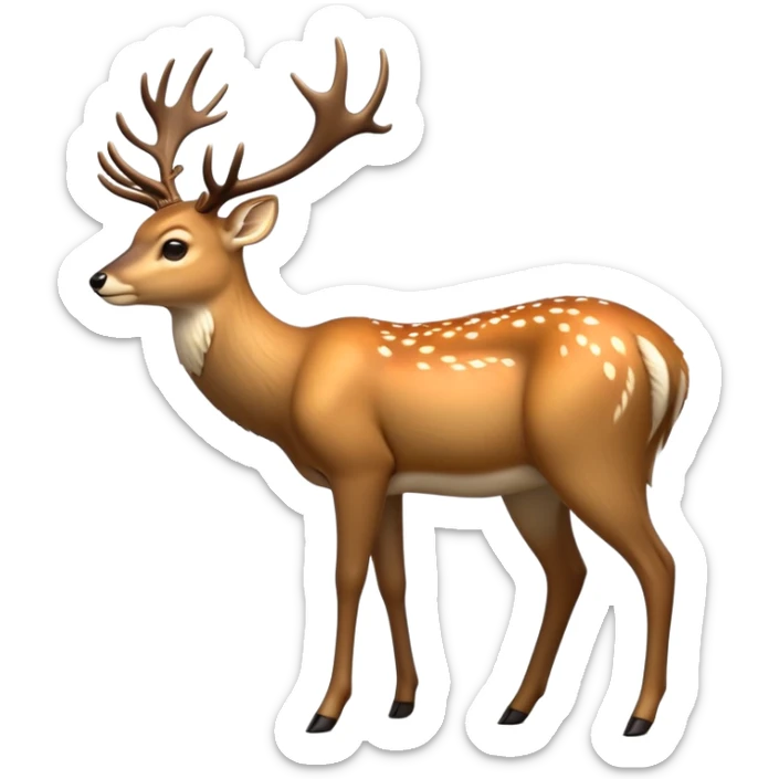 cinematic-[deer]-realistic-full-body-standing on all fours-emoji,-tail-tucked-close,-head-tilted-dramatically,-sleek-[fawn]-fur,-simplified-yet-realistic-focused-features,-highly-detailed,-glowing-with-an-almost-sarcastic-glow big antlers sticker