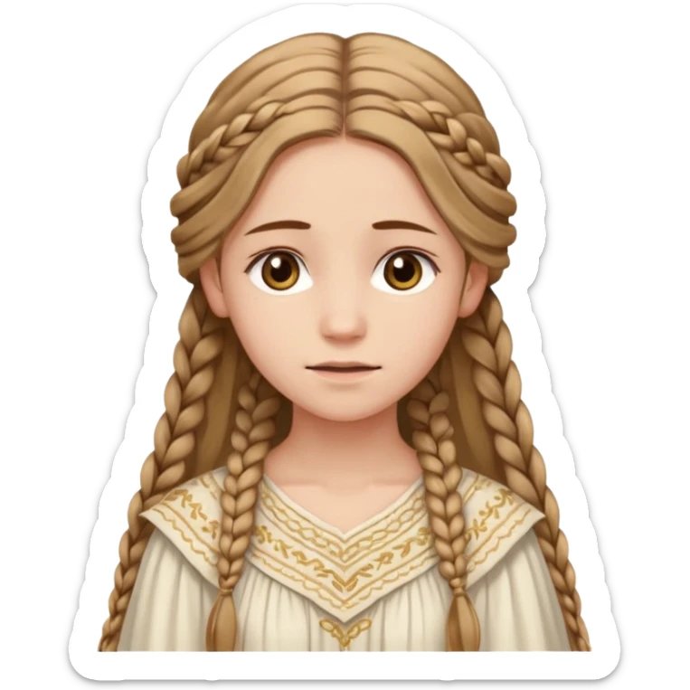 Joven de unos 20 años, de aspecto dulce y elegante.
Piel clara, ojosy expresivos, sonrisa triste.
Rubio o castaño claro, largo, con trenzas o velo.
-Vestido largo de tonos suaves (blanco, azul o lavanda), con bordados dorados; un manto o toca fina cubriendo la cabeza. sticker