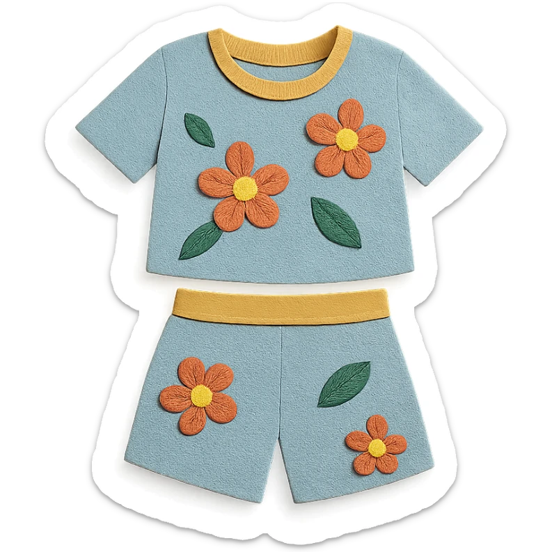 illustration of a women's short and tee shirt set with a floral pattern in paper-craft style sticker