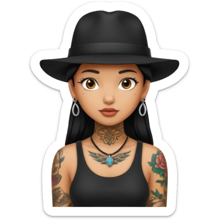 girl have tattoo on her full neck and full body with black hat sticker