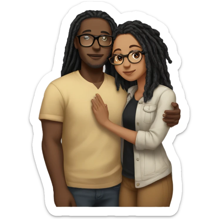 black couple with locs, male lightskin with long black locs, female brown skin with glasses and BLACK locs tied up kissing full body sticker