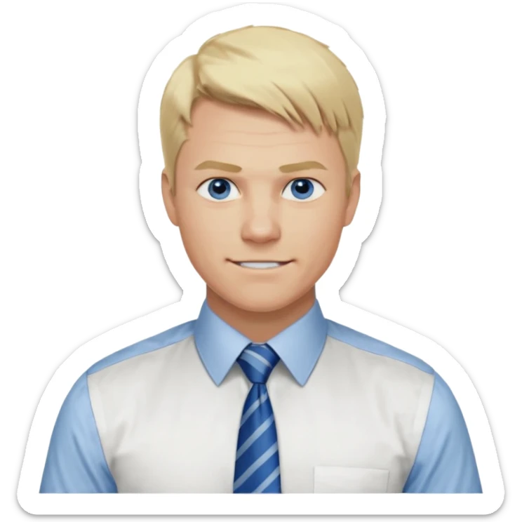 A guy with blonde hair and blue eyes that looks masculine. make him wear a shirt with a tie. he is danish. Make 4 diferent variations. in one he is smilin. in one he is angry sticker