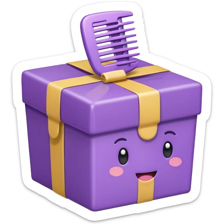 Kawaii emoji illustration of a purple gift box with a comb inside, chubby proportions, glossy finish, pastel colors, soft shading, adorable style, simple and clean design, transparent background sticker