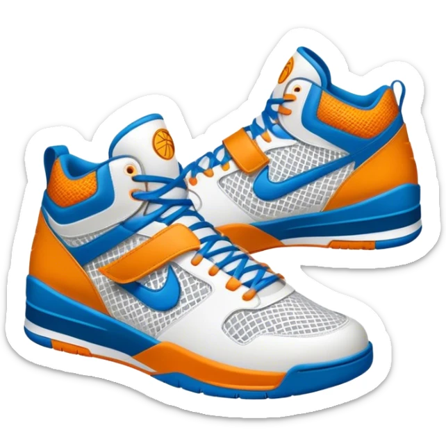 Cinematic Realistic image of a pair of basketball sneakers featuring detailed mesh and leather textures, vibrant color accents and dynamic design lines, illuminated by bold, high-energy arena lighting sticker