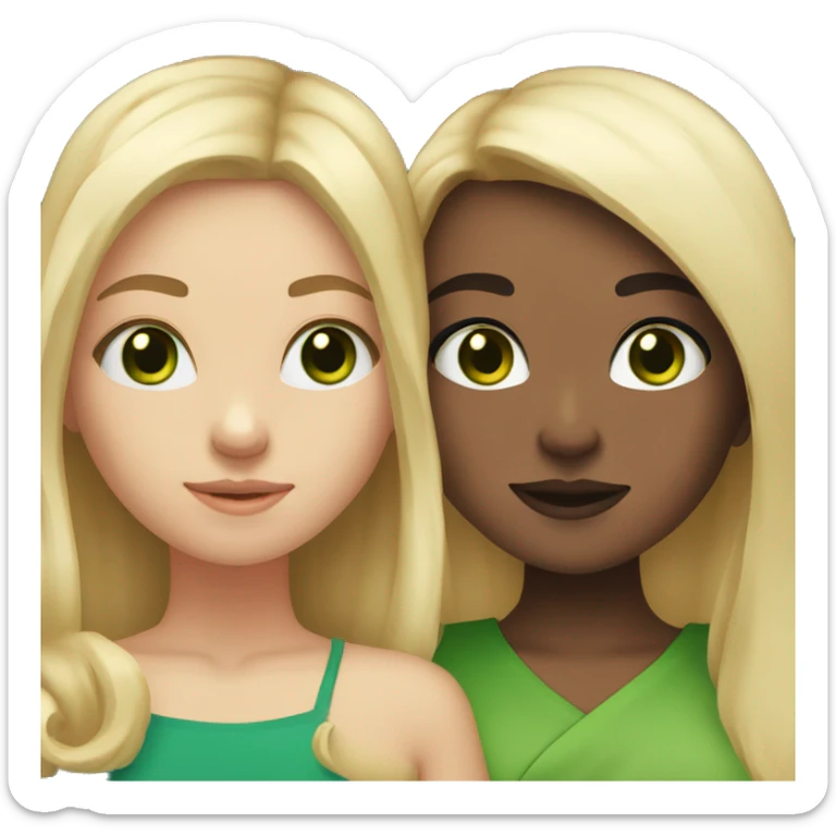two girl besties, one with blonde hair and green eyes and the other girl with dark brown middle legnth hair and brown eyes sticker