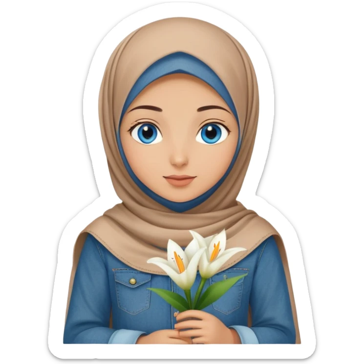 Turkish beautiful finish Konya girl blue eyes with denim hijab fresh islamic dress and had on her hand lilys flower  sticker