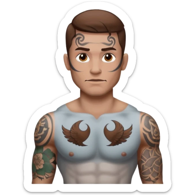 tattoo man, white skintone,brown hair, tattoos on face, more visible, bulky man with tattos on his chest. sticker