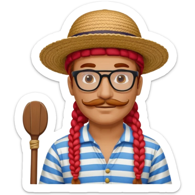 venice gondolier with long red braided hair, iconic hat, normal glassess and mustache sticker