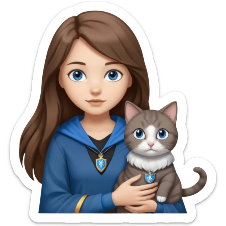 gorgeous Girl with light skin, blue eyes, long brown hair, wears a ravenclaw outfit, with a grey and white cat holding in her arms sticker