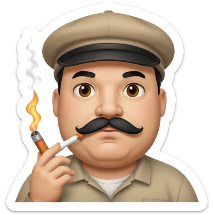 a fat father with a cap and tattoos, a cigarette in his mouth, and a mustache. sticker