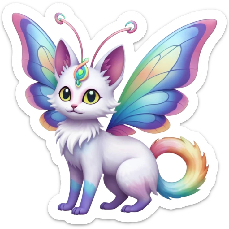 Pure-snow-White albino iridescent with pastel rainbow-gradients-color-markings with swirly patterns butterflies  faerie-Noivern-Noibat-Purloin-Torracat-Lykoi-Caracal-cat-Fakemon-fusion-hybrid-creature sticker