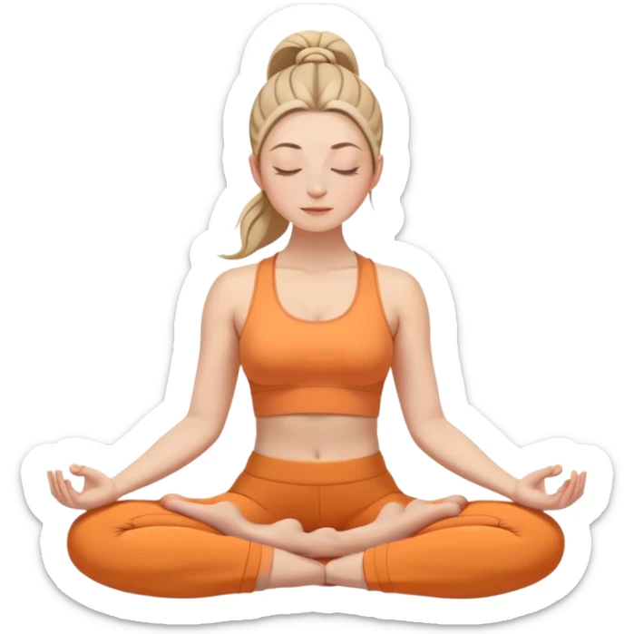 white woman with neat ponytail hairstyle, sitting in lotus position, meditating with closed eyes and serene expression, wearing light orange yoga outfit sticker