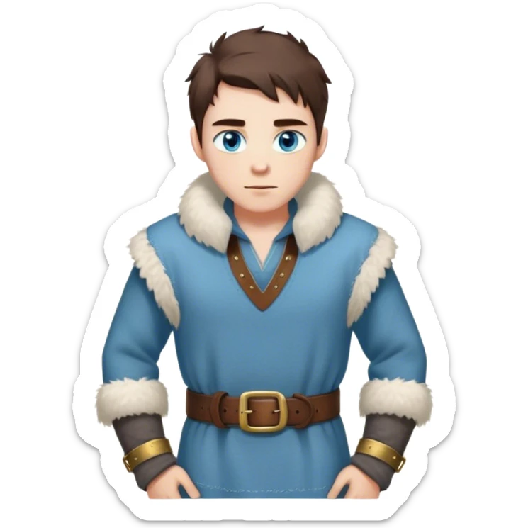 Medieval winter outfit worn by a DnD themed fantasy male character. Thick charcoal wool tunic with fur-lined collar and cuffs, layered over a thermal linen undershirt, secured with a wide leather belt with brass fittings. Clothes only above the waist, full waist coverage. The character has no arms. Character is white-skinned with dark chestnut hair, ice-blue eyes, and shoulder-length straight hair partially tucked into the fur collar. sticker