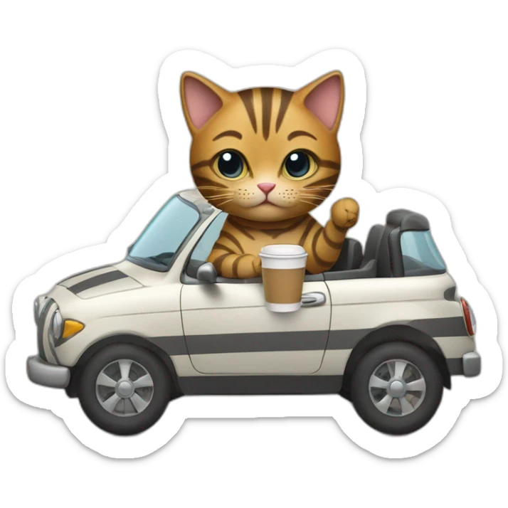 A striped cat drives a car and holds a glass of coffee in its paw sticker