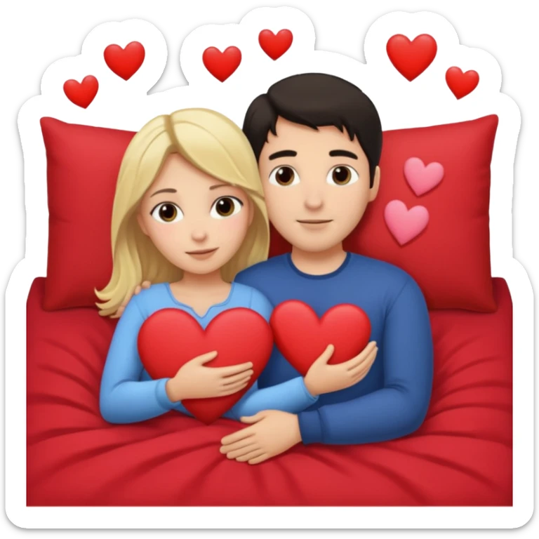 two people cuddling in bed. man has dark hair. woman is blonde. hearts surrounding them. sticker