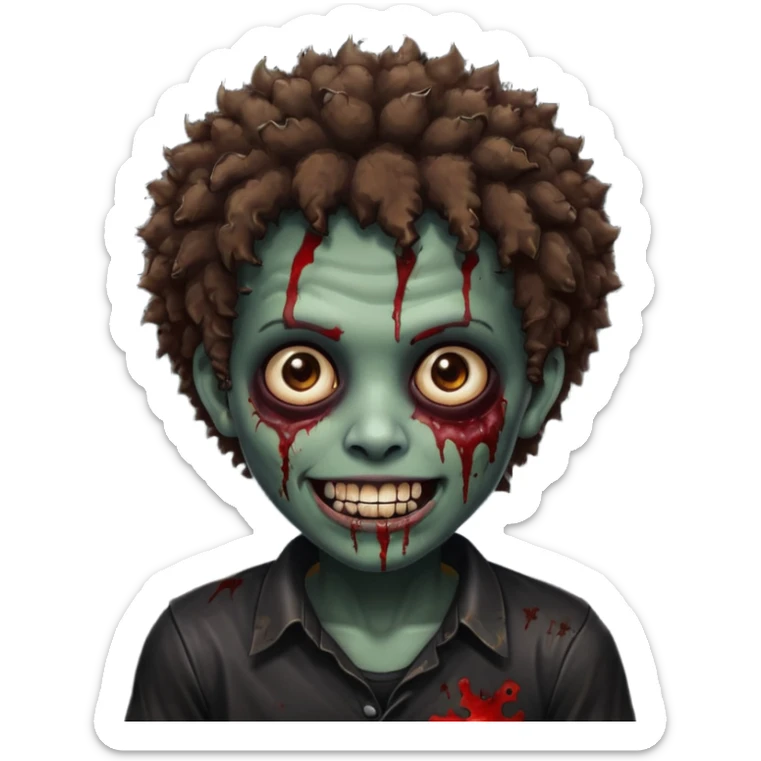zombie with brown skin, short messy afro hair, wide centered brown eyes, dark bloody marks under the eyes, and a smile showing shiny metal teeth,black shirt, giving a distressed, undead look. sticker