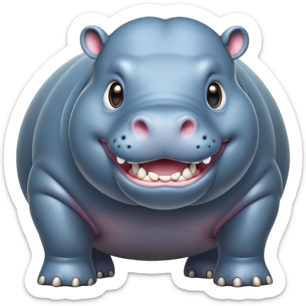 cinematic-hippo-realistic-full-body-side-view-standing-on-all-fours-emoji,-massive-round-frame,-wide-mouthed-grin-exposing-huge-teeth,-head-tilted-dramatically,-thick-greyish blue-hide-glossy, big cute eyes sticker