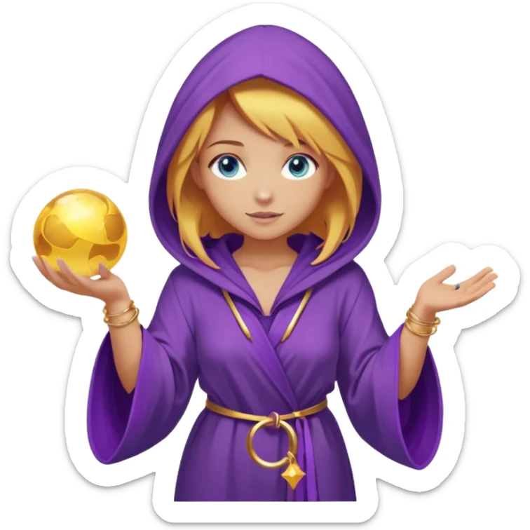 lightly tanned skin, blue eyes, cute and sexy girl with bright yellow-brown hair in a few shades of purple robe with hood, golden rings, slight cute makeup, full body, slightly turned aside pose, holding a magical ball (for future prediction) sticker