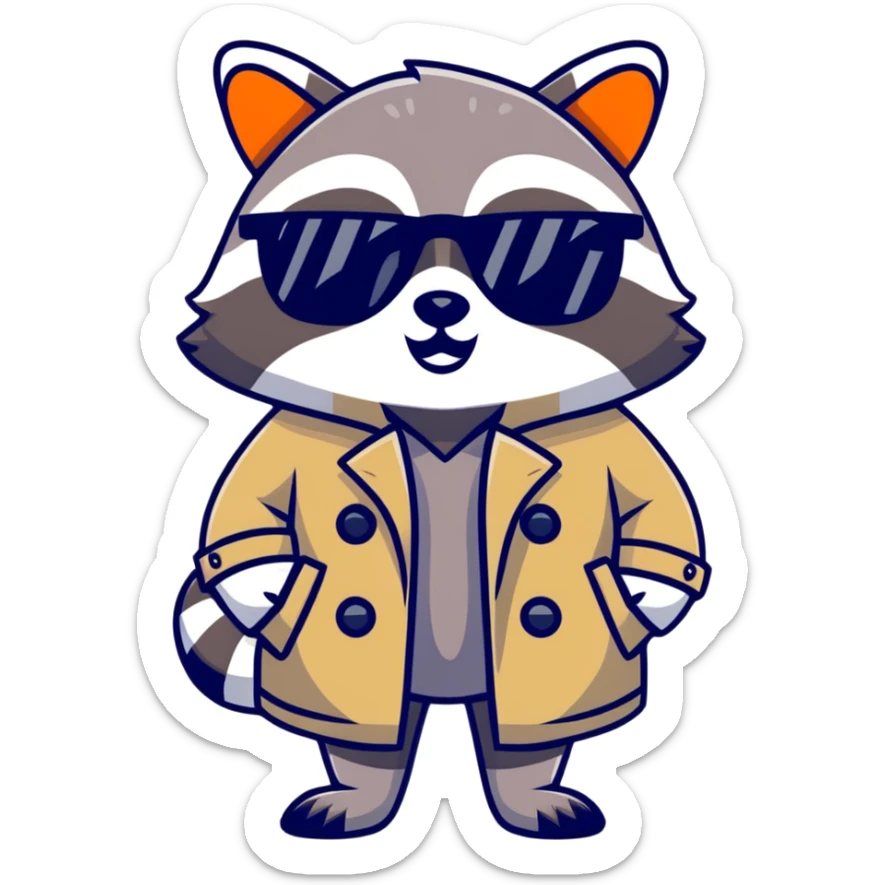 Raccoon in a trench coat and sunglasses holding a big sign saying “Don’t mind me” sticker