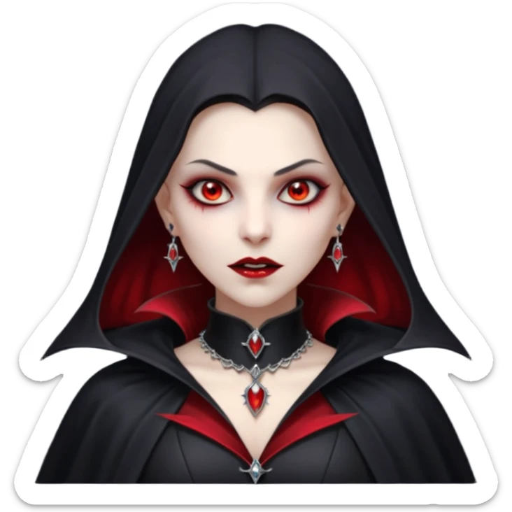 vampire village woman portrait, head and shoulders only, dark gothic cloak collar, sharp fangs, red glowing eyes, elegant yet eerie expression, subtle jewelry, 3D cartoon, mobile game icon style, clean background, no text, no watermark

 sticker