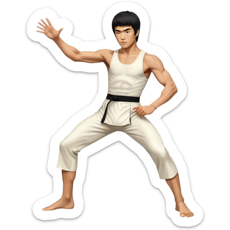 Cinematic Realistic portrait of Bruce Lee, shown as a legendary martial artist in a dynamic, powerful pose with modern athletic attire and finely detailed muscle definition, rendered in dramatic action lighting sticker