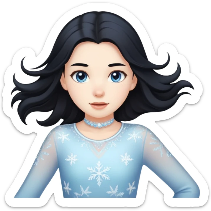 pale girl with long black hair ice skating, iOS emoji style sticker