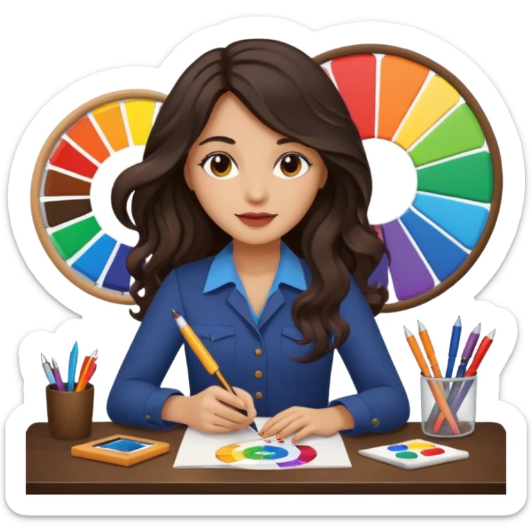 female dark wavy long hair graphic designer , holding color wheel , pens, papers, desktop sticker