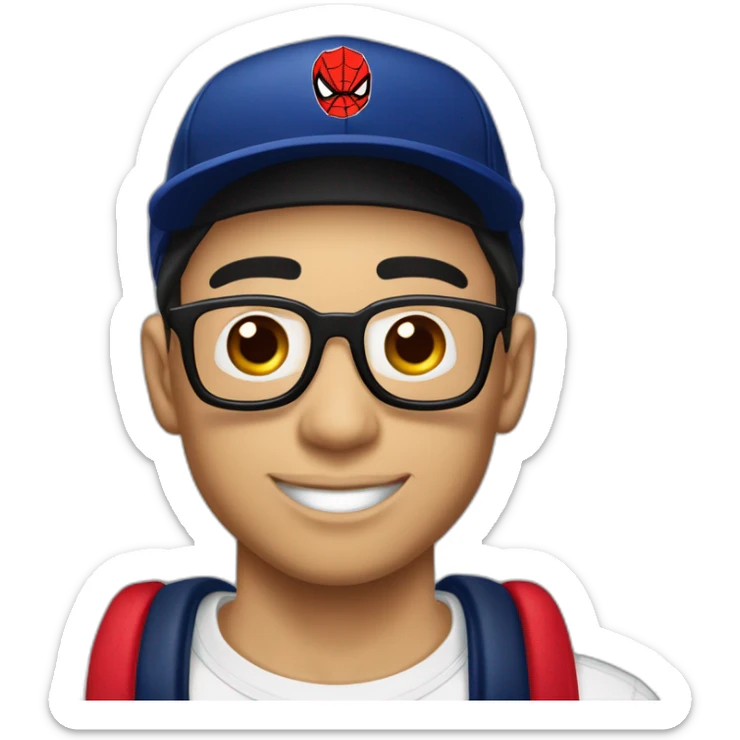 chico de piel blanca, con una remera de spiderman, un tatuaje en el cuello que diga amor en chino, que tenga una gorra negra con un logo de la redbull, y con un arito en la ceja sticker