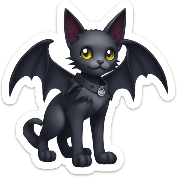   cool edgy beautiful anime-style ethereal dark-punk-themed animal vampiric cat-hybrid Fakemon with fangs and bat-wing-ears with a collar full body sticker