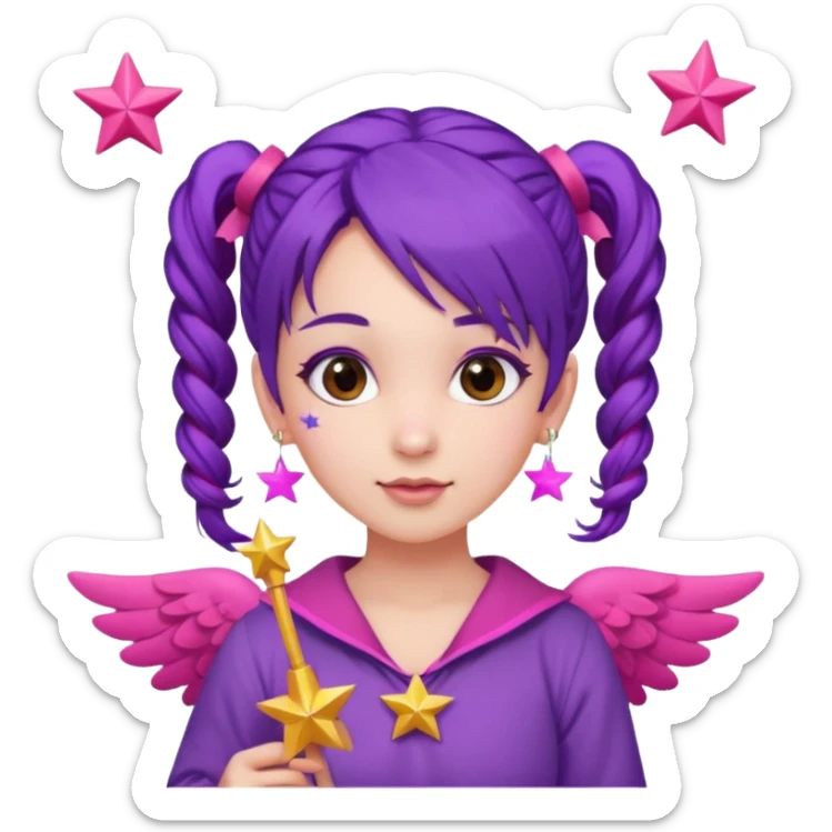 Create an emoji of a fairy-like woman with purple hair tied into two pigtails, red stars in her hair, wearing a pink outfit and pink wings. She is holding a pink star-shaped wand and wearing purple circular earrings. sticker
