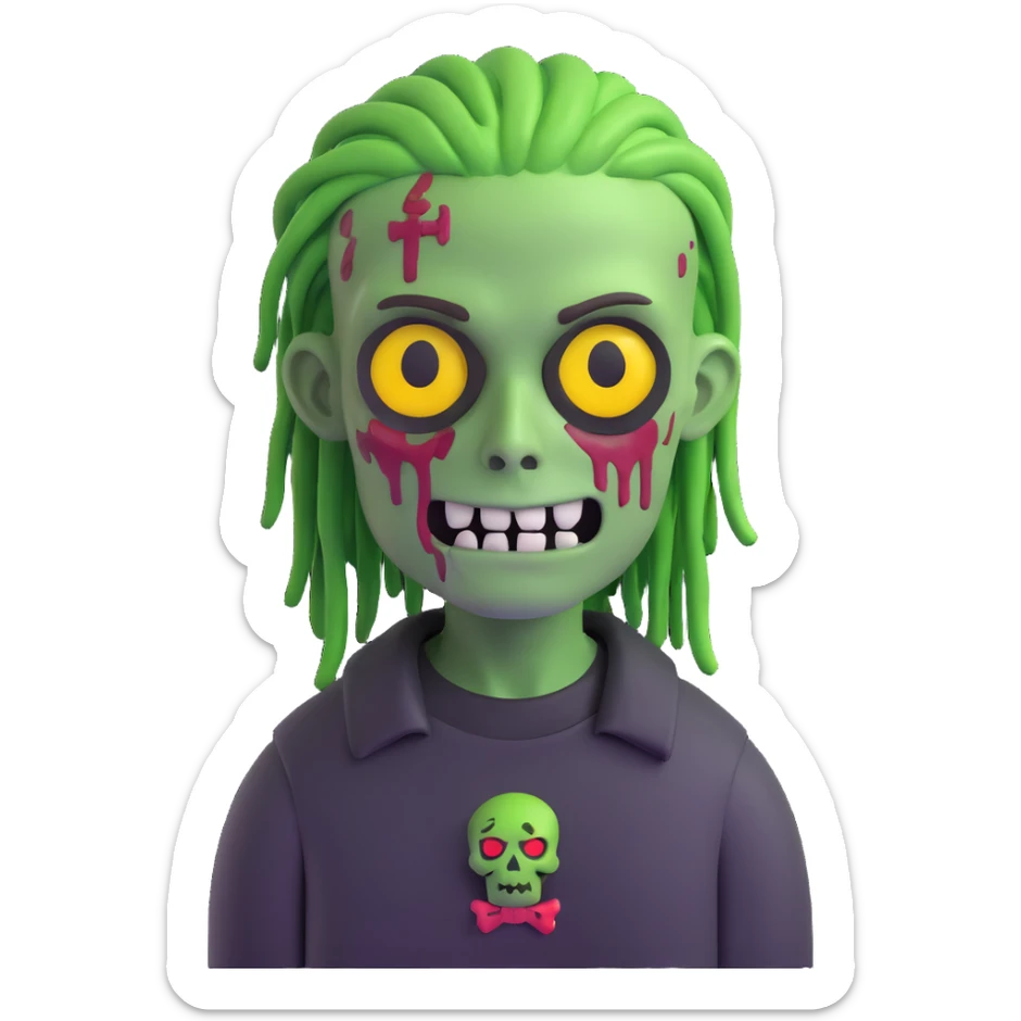 zombie boy with green skin, dreadlocks hair, black shirt, emoji style sticker