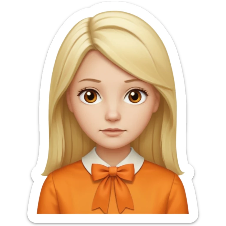 longer blond hair  straightnot smiling woman with orange blouse bow collar sticker
