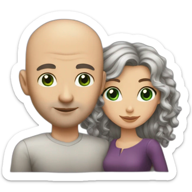 caucasian bald man with green eyes and a caucasian woman with long curly dark hair and brown eyes kissing sticker