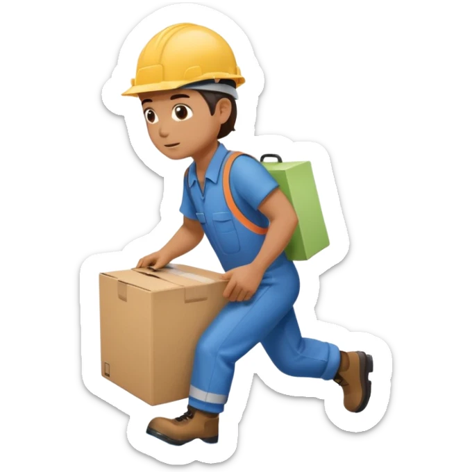 Animación educativa sobre un accidente laboral en un entorno industrial. Un trabajador de fábrica, con casco pero sin otros elementos de protección personal, resbala en un piso mojado y cae al suelo mientras transporta una caja. sticker