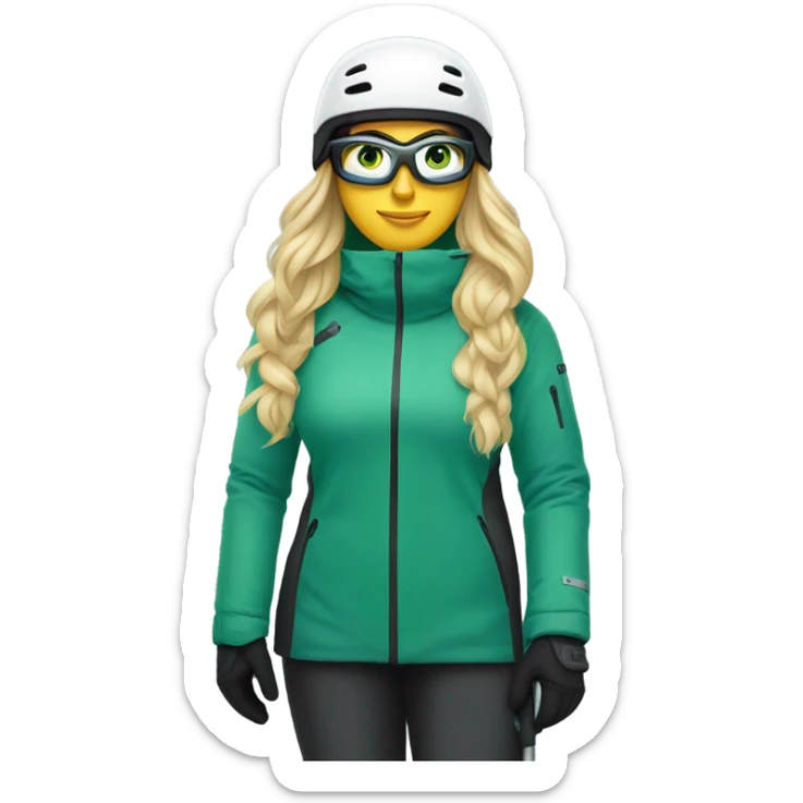 Green-eyed, fat female skier with long straight blonde hair, glasses, white ski helmet, grey snow jacket, long black pants, black only snow boots standing tall. sticker