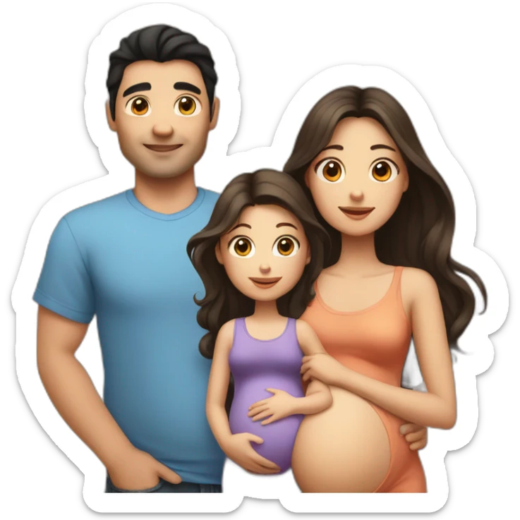 dad with black hair, pregnant mum with long brown hair, baby girl with light brown hair sticker