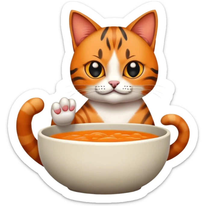 Emoji of a Bengali cat holding its paw on a bowl sticker