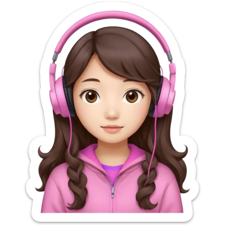 a asian japanese girl with wavy long silky brown hair and no bangs. she has a cute pink gaming headphones. she is wearing a cute pink sweater  sticker