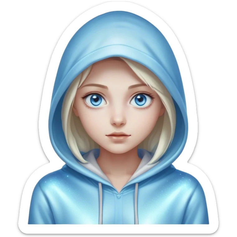 Cinematic girl with large sparkling blue eyes wearing a hoodie, Ultra realistic 32k HD, Breathtaking, hauntingly beautiful, Balanced features, highly detailed, glowing, high shine, enchanting, ghostly, dreamy glow, complex pose. The image is so lifelike it could leap off the canvas at any moment sticker