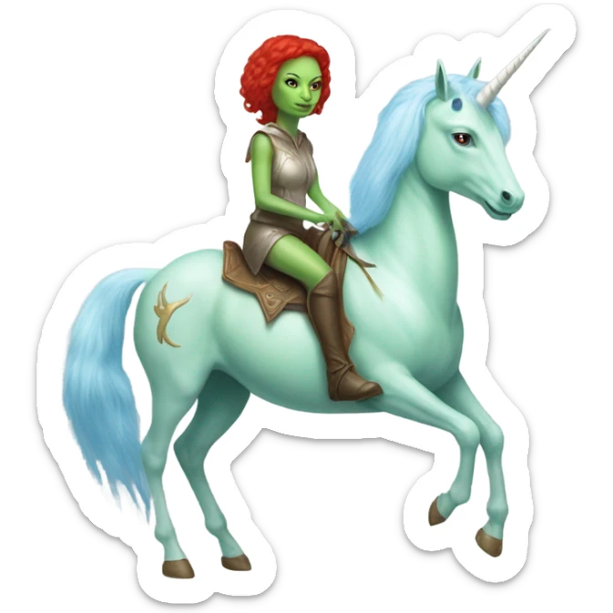 [politically incorrect
	{ woman: alien, color: light green, hair:red, eyes:cat} ]
	on a 
	[{ unicorn: white, legged:four, mane: light blue }] sticker