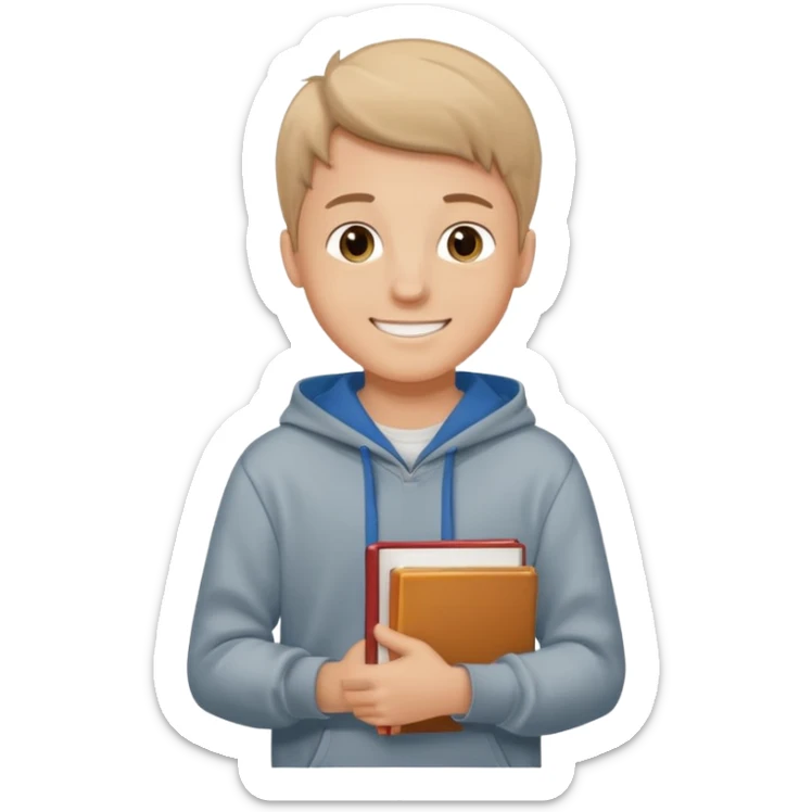 white teenage boy student, wearing a hoodie and jeans, smiling, holding books sticker