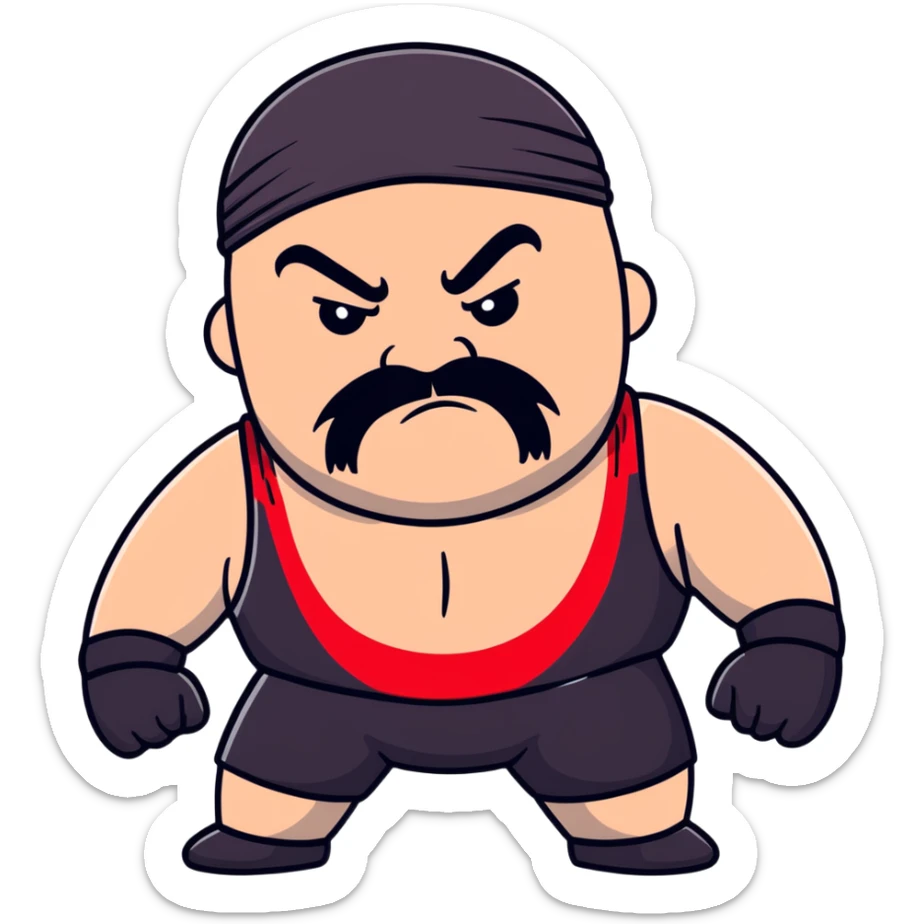 Close-up of extremely fat white skin guy with young face, prominent BLACK DURAG tied clearly on head, distinct black beard and mustache, no muscle, black eyes in a red and black wrestling singlet with angry face sticker