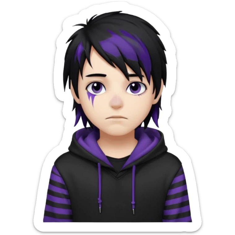 emo teen boy with long one-side messy black hair, dark hoodie with white and purple striped sleeves, piercings on his nose, dark eyeshadow sticker