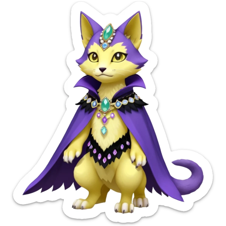 Kawaii cute Violet Yellow Black beautiful pretty elegant divine edgy feline-vernid-sergal-Fakémon-Pokémon-Digimon-fursona-animal-creature, full body, with intricate detailed markings, Embroidered capelet, Gem-studded horn ring sticker