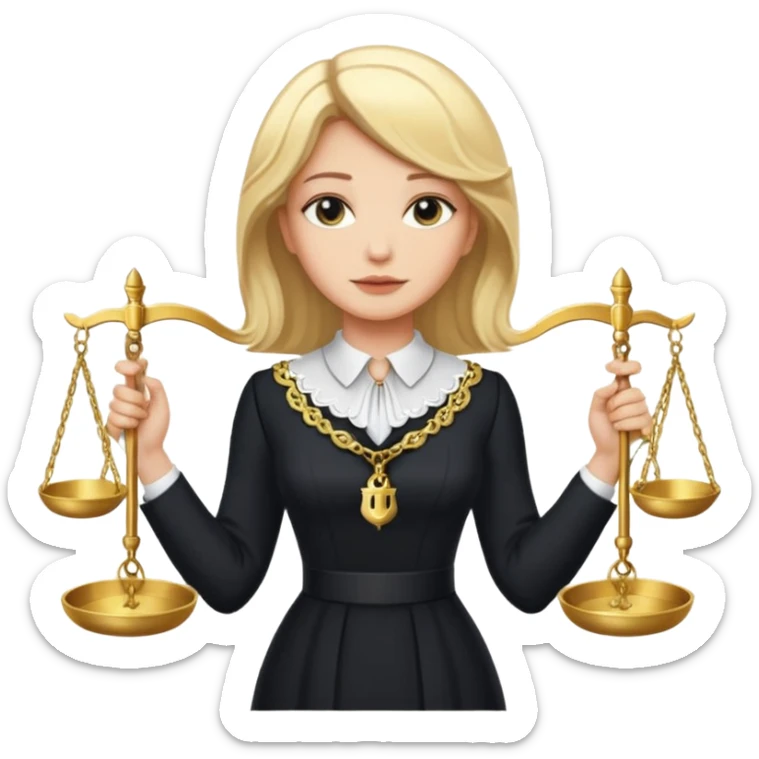 woman lawyer blanche et blonde habillée avec une longue robe noire et un col blanc, avec la balance de la justice derrière elle sticker