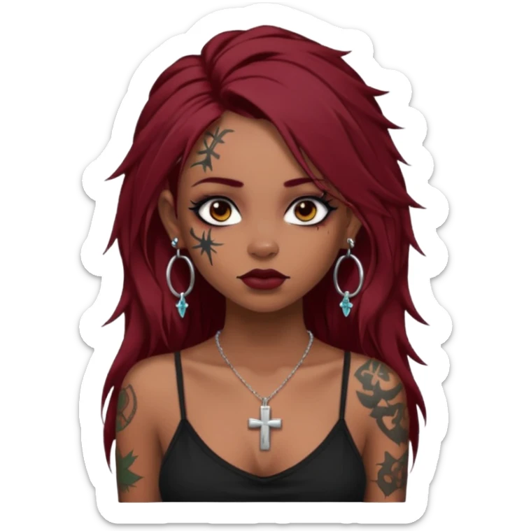 generate an ios genmoji of a dusky girl with long dark red messy hair with eyeliner on her eyes. septum piercing, wearing a cami black top, has tattoos, on shoulders. ear piercings. wearing a cross silver necklace. 


no tattoos on face sticker