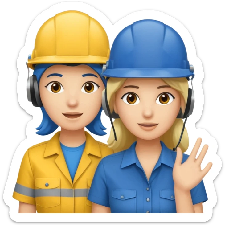 Um homem e uma mulher amarelos com capacete azul escuro e camisa social cinza. Um deles deve estar segurando um megafone  sticker