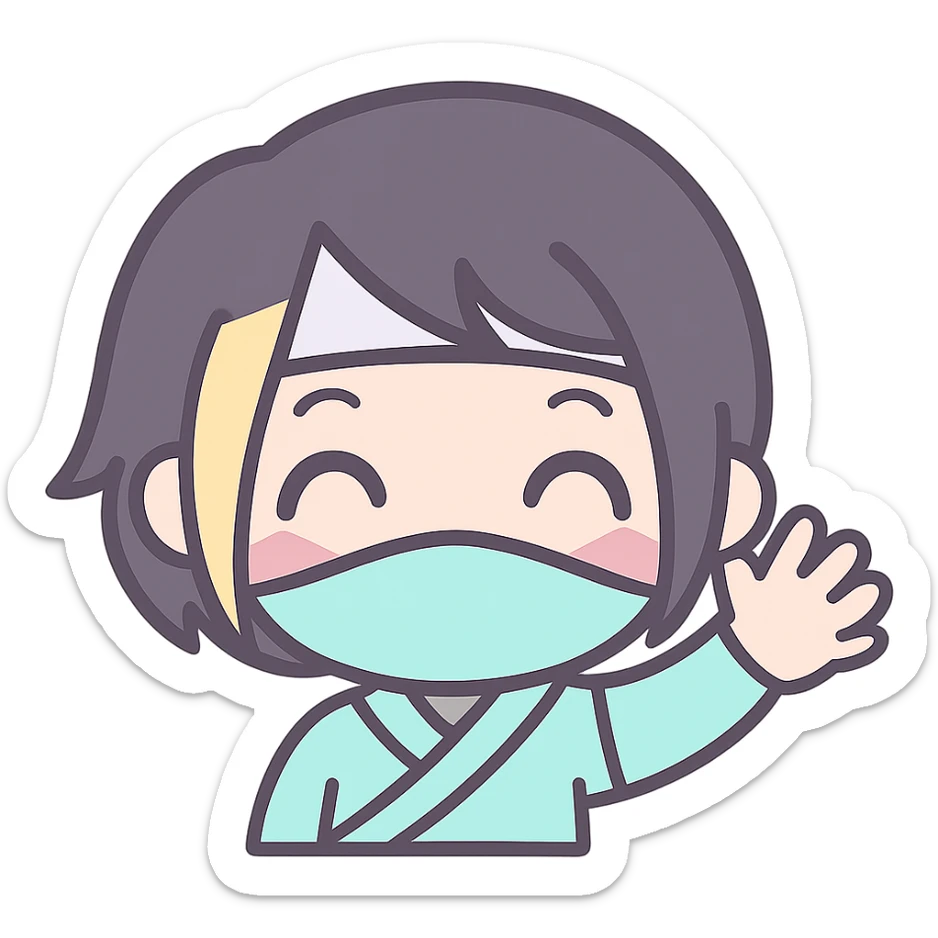 Make the art style more anime: kawaii chibi ninja girl with black short hair and a blonde streak, only head and arms, big sparkling anime eyes, rounder face, small mouth, soft shading, pastel colors, clean outlines, transparent background, no mask, hand fully raised, waving, eyes closed in a happy expression, sized for Twitch emoji use. sticker