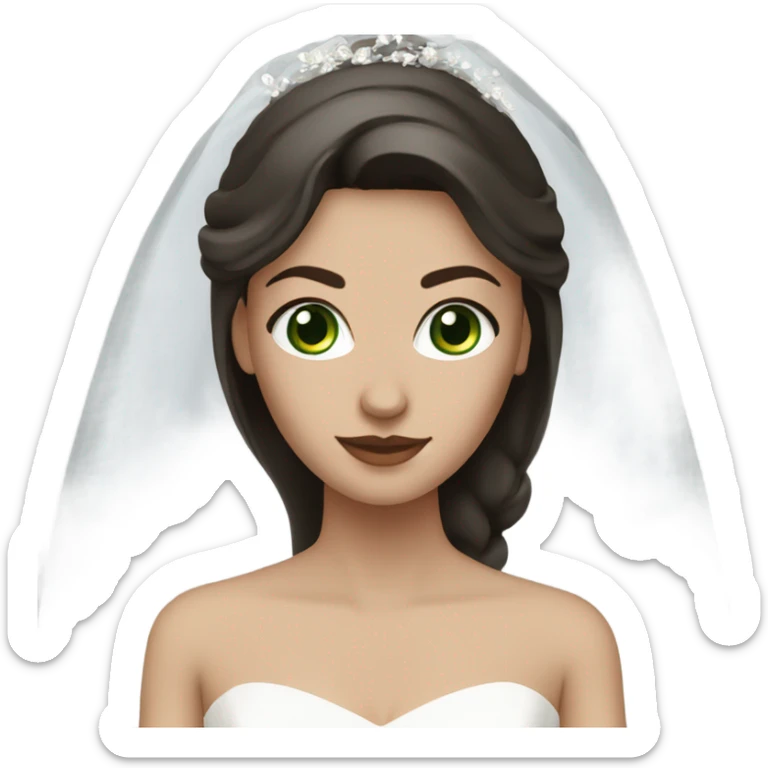 White woman with dark brown straight hair and dark green eyes wearing a wedding dress sticker