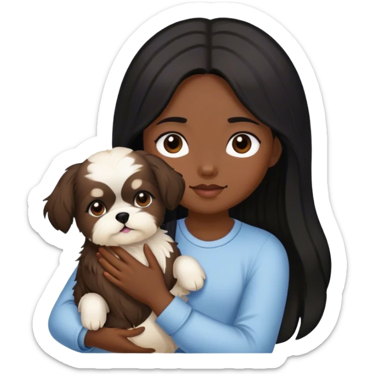 A girl with black long hair and dark brown with , holding her shitzu dog creamy color sticker